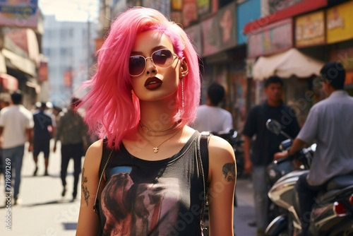 Fashionable girl with pink hair and sunglasses in the city