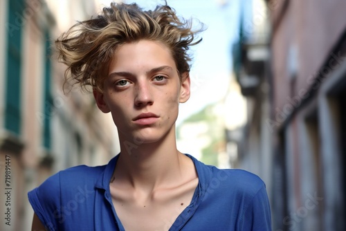 Portrait of a handsome young man with blond hair and blue shirt