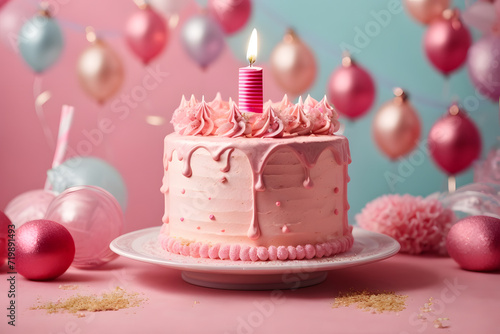 Pink birthday cake with candles. Golden glitter. Birthday wallpaper.