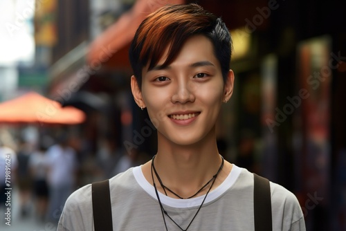 Portrait of young handsome Asian man smiling and walking in the city