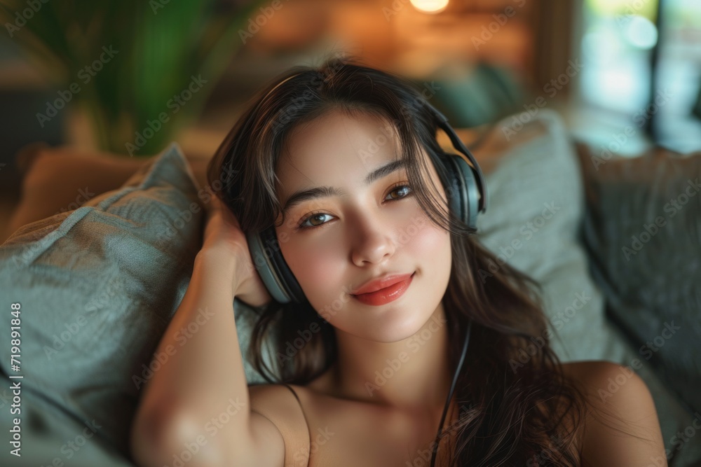Fototapeta premium Beautiful young asian woman with headphones relaxing and listening to music on the sofa .