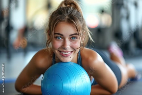 Cheerful smiling girl in gym doing gymnastic exercise © sirisakboakaew