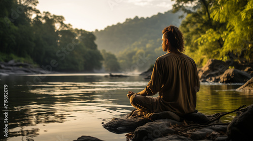 40s white man meditating on the banks of a river surrounded by nature in an atmosphere of tranquility.  © Favio