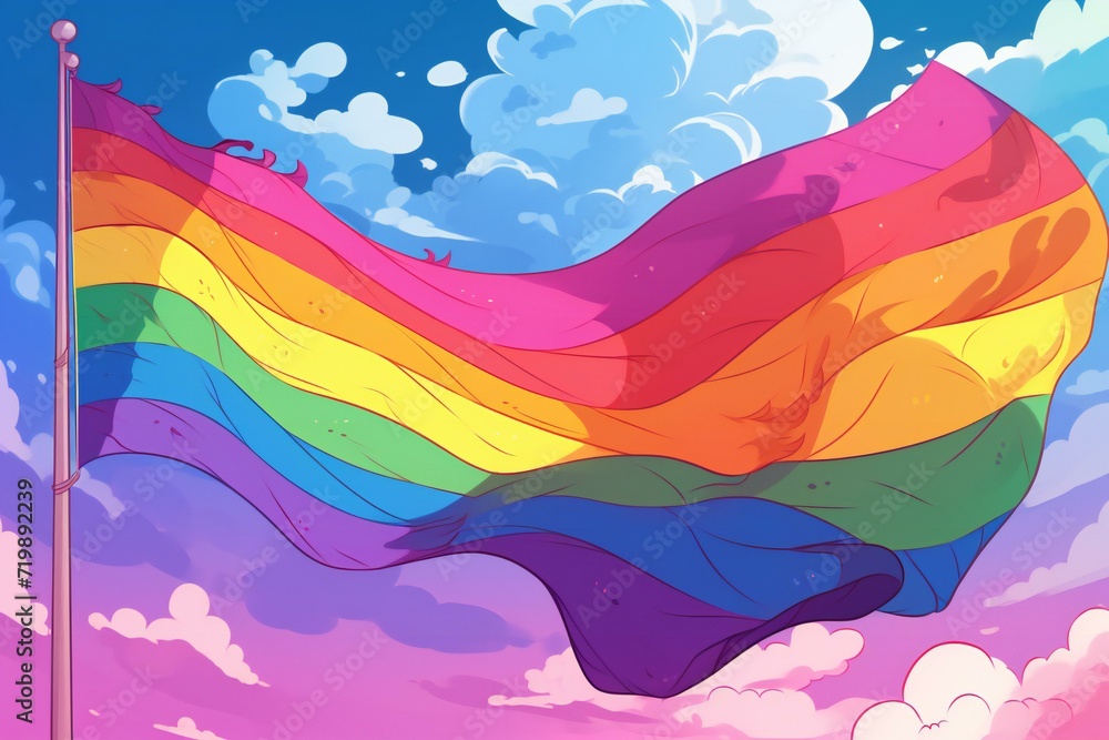 Illustration of a rainbow flag waving in the wind on a cloudy sky background
