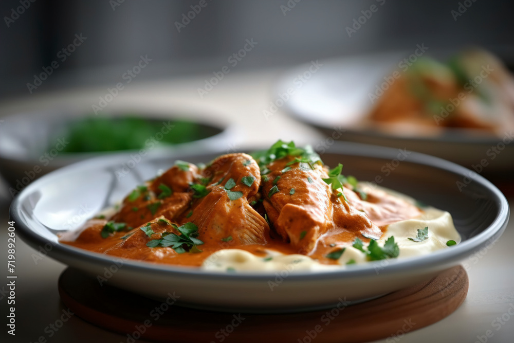 Chicken paprikash is served on a ceramic plate. (Generative AI)