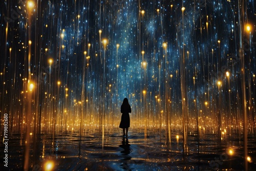 A woman standing in the rain and looking at the laser show photo