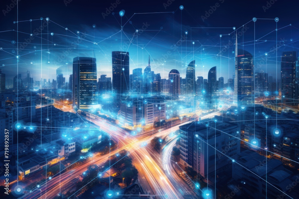 Smart city dot point connect with gradient line, connection technology metaverse 