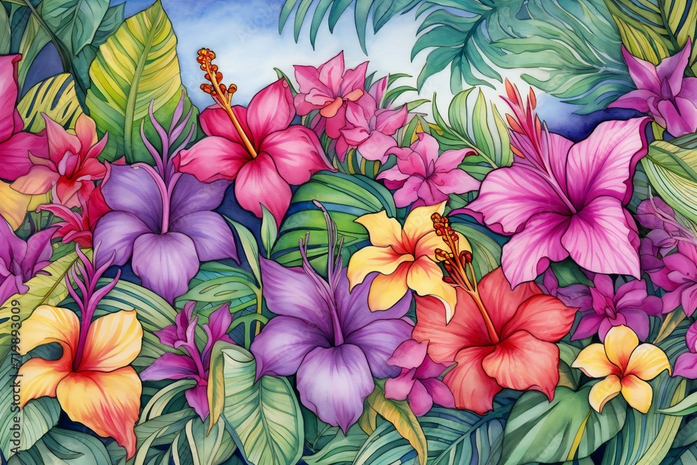 Seamless pattern with tropical hibiscus flowers and leaves