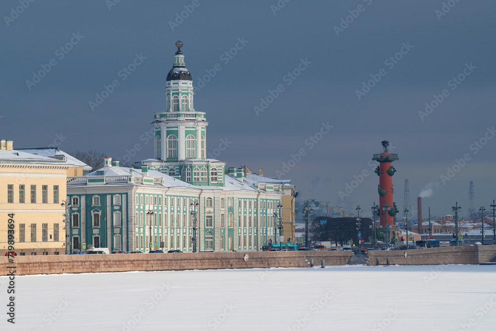 The building of the Kunstkamera and the South Rostral Column in the cityscape on a cloudy March day, Saint Petersburg