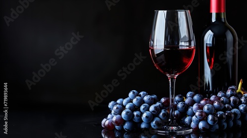 A dark color scheme features a glass and an empty label bottle offering blue grapes, space, Generative AI.