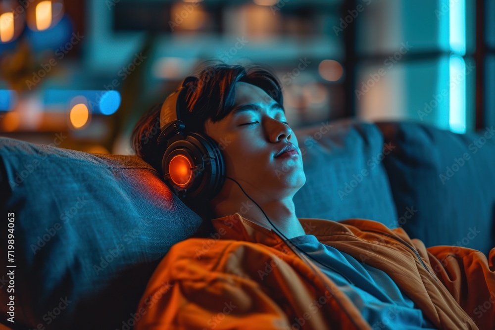 Obraz premium Rest And Relax Concept. Calm asian man sitting on couch, listening to music, audio book, podcast, enjoying meditation for sleep and peaceful mind in wireless headphones,