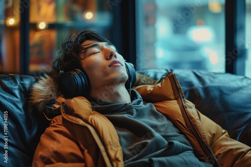 Rest And Relax Concept. Calm asian man sitting on couch, listening to music, audio book, podcast, enjoying meditation for sleep and peaceful mind in wireless headphones,