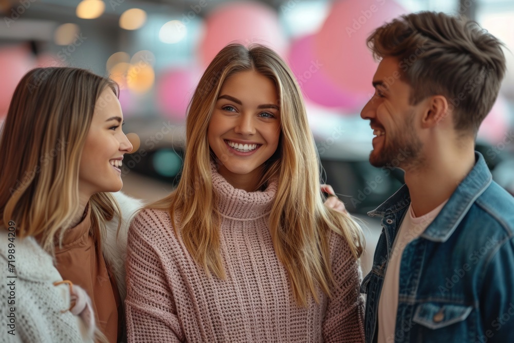 The successful visit to the dealership. Happy young couple chooses and buying a new car for the family. The successful visit to the dealership. Happy young couple chooses and buying a new car for the family.