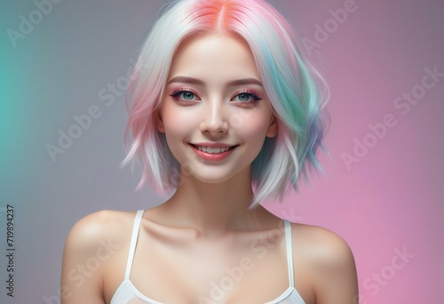 Portrait of a beautiful young woman with bright makeup and colorful hair