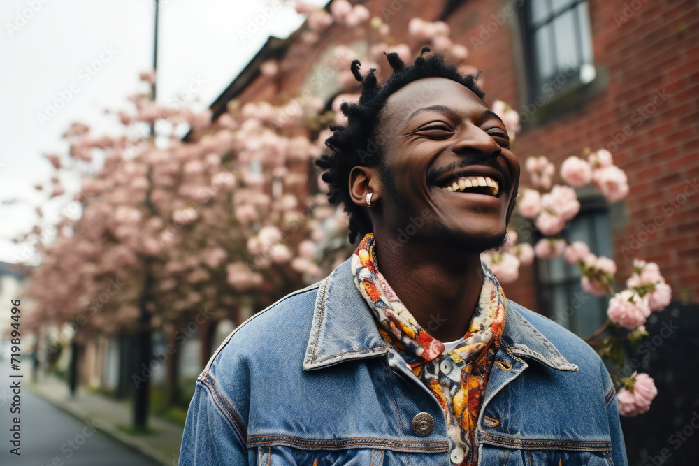 Stylish african american man in jeans jacket and scarf smiling at camera in front of blooming pink sakura flowers