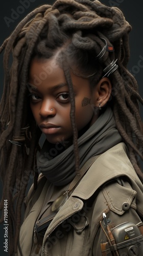 An African-American youth girl in dystopian attire, steampunk style, dreadlocks hairstyle