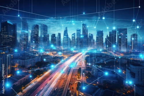 Smart city dot point connect with gradient line  connection technology metaverse 