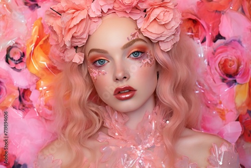 Close-up portrait of a beautiful girl with pink hair in a wreath of flowers