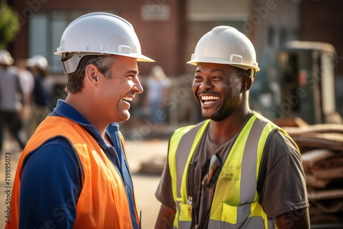 Smiling supervisor talking to construction worker about construction works. 
