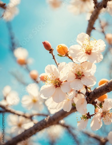 Close-up of a group of three apricot tree flowers on a branch and blurred background of blue sky on a sunny day