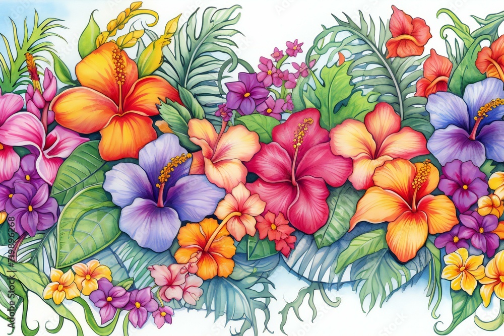 Hibiscus, hibiscus, hibiscus, palm leaves