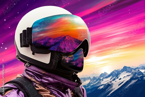 Snowboarder wearing helmet and goggles against colourful aurora borealis