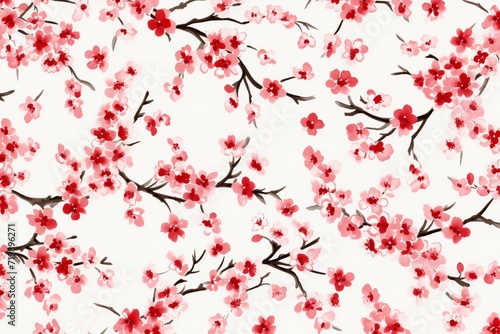 Cherry blossom sakura branch on white background, seamless pattern
