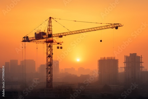 Sunrise with silhouetted cranes and buildings in industrial construction 