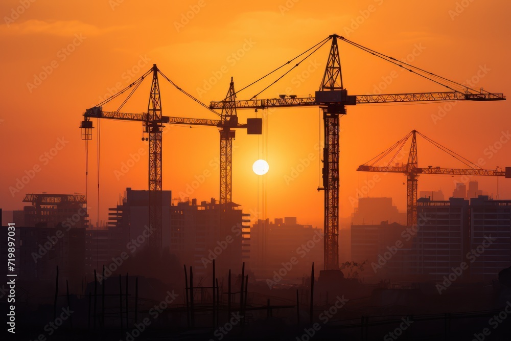Sunrise with silhouetted cranes and buildings in industrial construction 