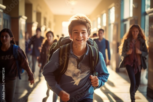 Teenager school kids running in high school hallway  photo