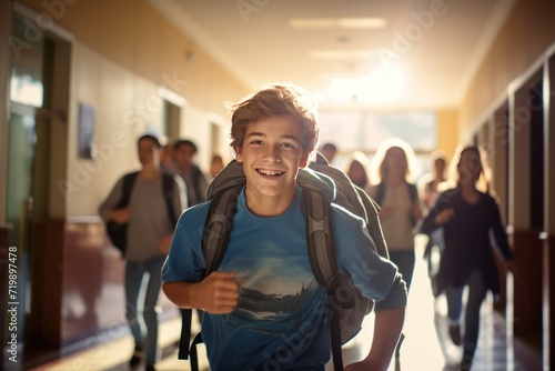 Teenager school kids running in high school hallway 