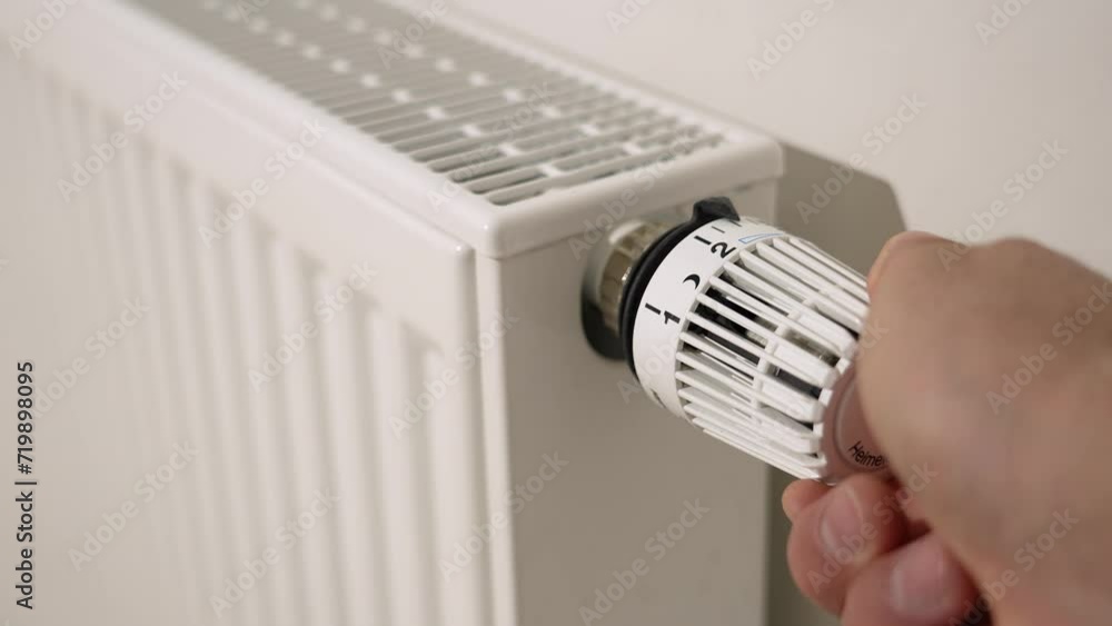 A man turns off the heating by setting the thermostatic radiator valve control to the minimum setting. Turning off the heating in an apartment during an energy crisis. Energy saving A man turns off the heating by setting the thermostatic radiator valve control to the minimum setting. Turning off the heating in an apartment during an energy crisis. Energy saving