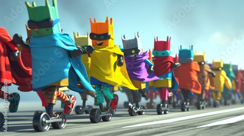 The parade takes a silly turn as a group of pens dressed in different colored capes and masks zoom by on roller skates pretending to be superheroes of the office. photo