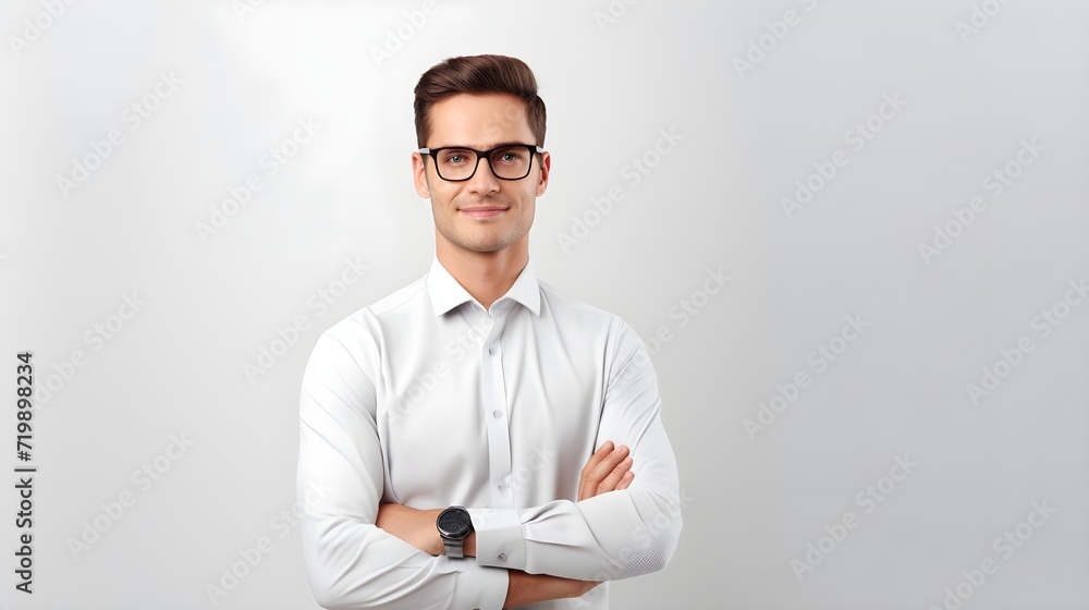 A confident salesperson with a notepad isolated on a calm light grey A confident salesperson with a notepad isolated on a calm light grey