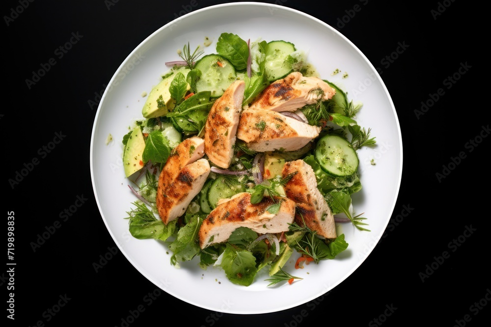 Top-down view. Chicken breast salad on plate. Isolated from white background. Top-down view. Chicken breast salad on plate. Isolated from white background.