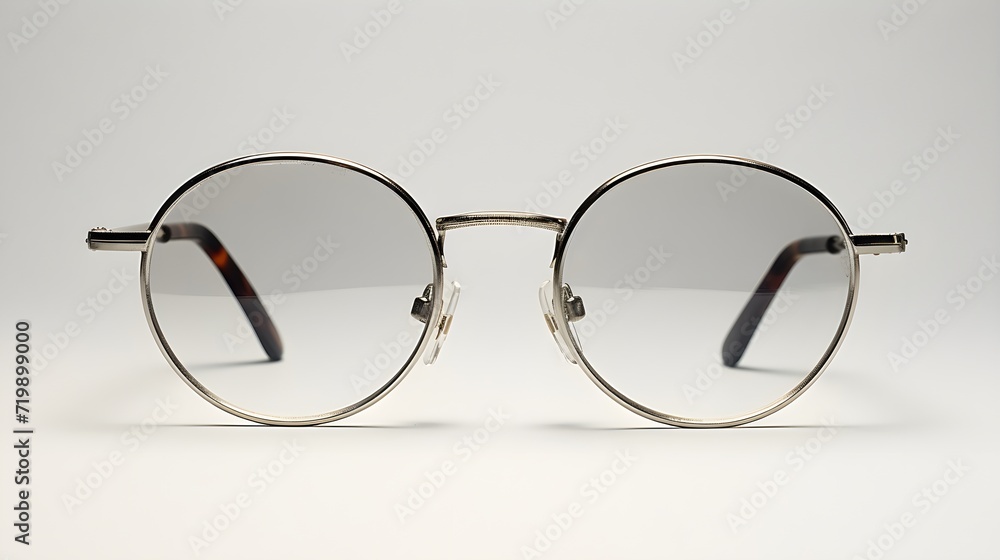 A pair of retro-style eyeglasses in a minimalist frame, isolated on calm light grey A pair of retro-style eyeglasses in a minimalist frame, isolated on calm light grey