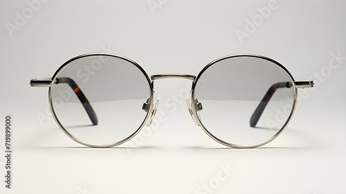 A pair of retro-style eyeglasses in a minimalist frame, isolated on calm light grey
