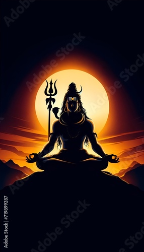 Silhouette of lord shiva in a meditative pose against a sunset background.