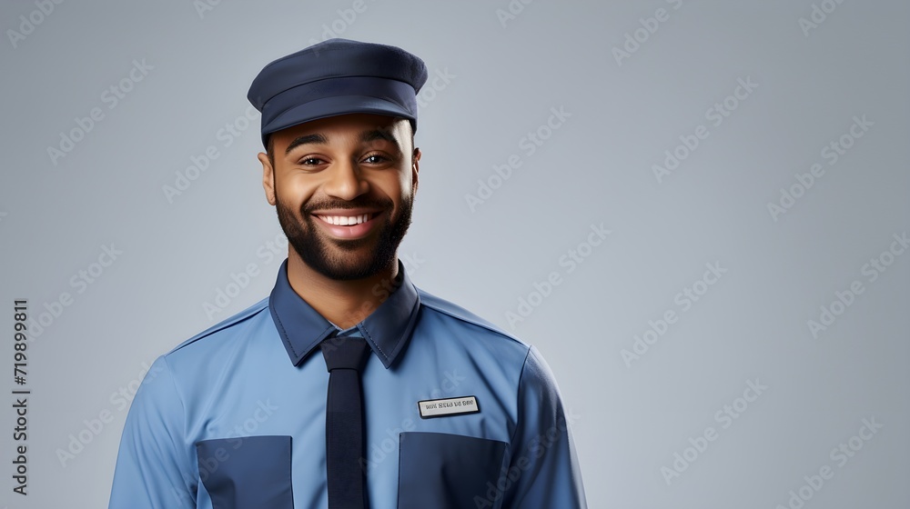 A postal worker with mail, isolated on a subtle light grey backdrop