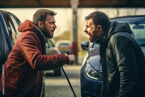 Two men arguing against the background of an electric car battery charging station. 