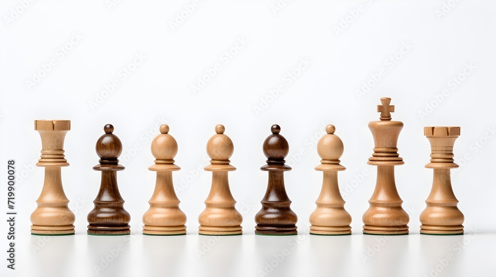 A wooden chess set in a minimalist aesthetic, isolated on muted light grey.