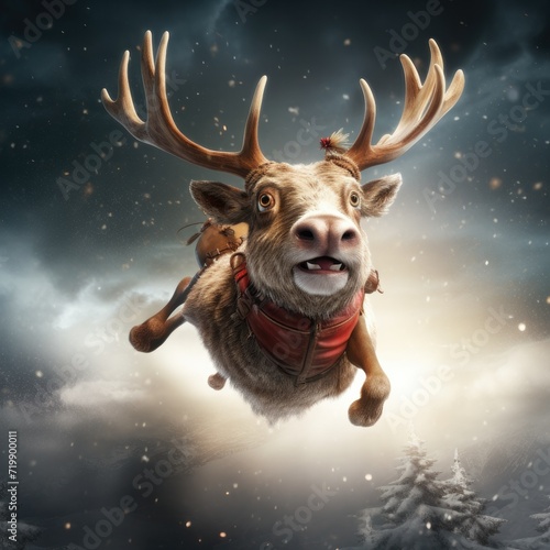 Rudolph s Spectacular Flight  The Red-Nosed Reindeer Soaring with Faux Antlers