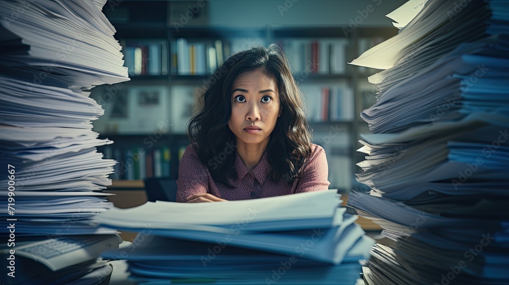 Overwhelmed: An Asian Woman's Struggle with a Towering Stack of Tax Forms - obrazy, fototapety, plakaty 