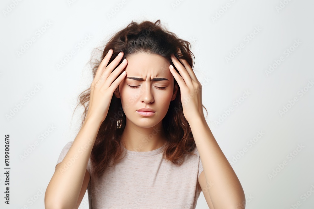 woman feeling unwell, suffering headache, touching temples, squinting from pain and headache, woman feeling unwell, suffering headache, touching temples, squinting from pain and headache,