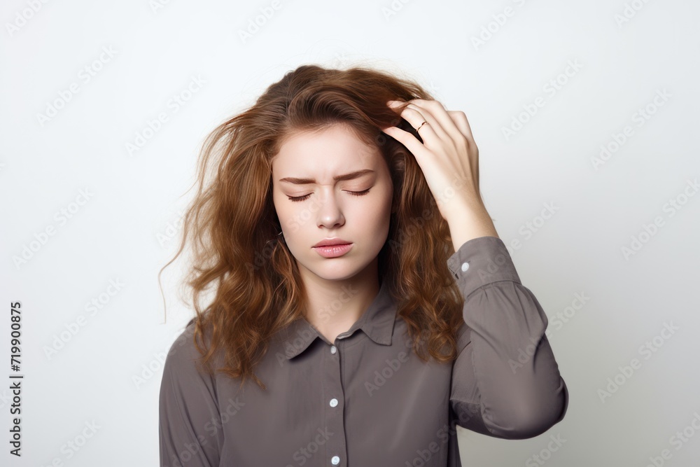woman feeling unwell, suffering headache, touching temples, squinting from pain and headache, woman feeling unwell, suffering headache, touching temples, squinting from pain and headache,