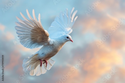 One White Dove freedom flying Wings on sunset wide sky background. symbol of International Day of Peace, Holy spirit of God in Christian religion heaven concept