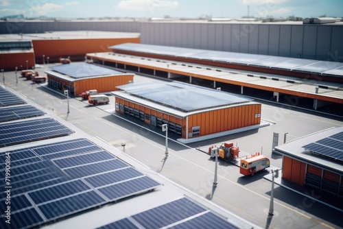 Warehouse roofs with solar panels, factories 