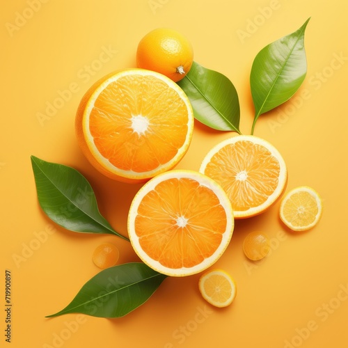 Image of juicy organic whole and halved oranges with leaves, Fresh orange and slice with leaves background, Close up AI generated