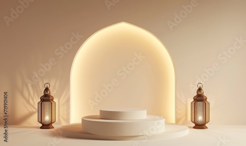 Ramadan Kareem themed stage with two lanterns and an empty podium for displaying festive products or Eid Mubarak greetings