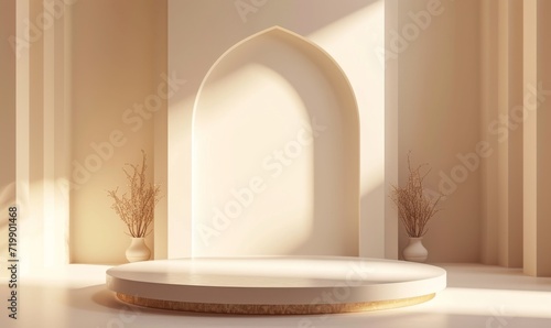 Ramadan Kareem themed stage with two lanterns and an empty podium for displaying festive products or Eid Mubarak greetings